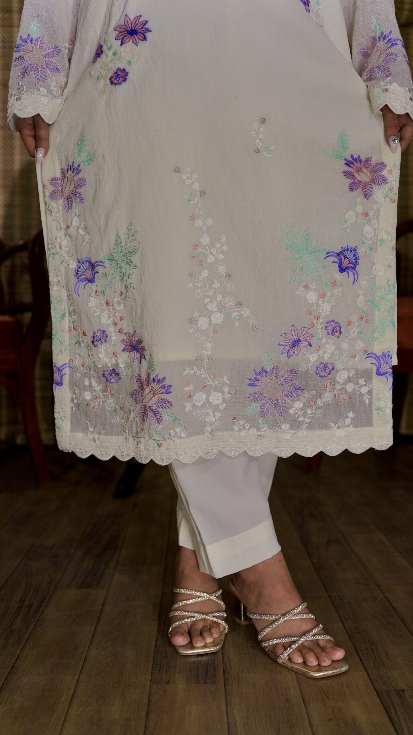 Ivory Blossom Embroidered 3-Piece Festive Suit - Image 3
